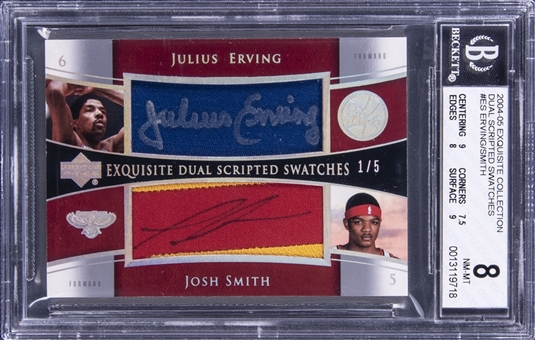 2004-05 UD "Exquisite Collection" Dual Scripted Swatches #ES Julius Erving/Josh Smith Dual Signed Patch Card (#1/5) - BGS NM-MT 8/BGS 10 